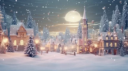 Poster Christmas village with Snow in vintage style. Winter Village Landscape. Christmas Holidays. Christmas Card. 3d illustration © Suleyman