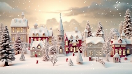 Christmas village with Snow in vintage style. Winter Village Landscape. Christmas Holidays. Christmas Card. 3d illustration - obrazy, fototapety, plakaty