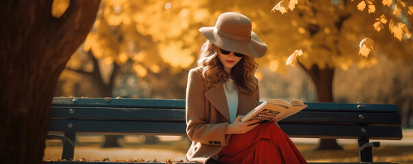 Beautiful middle age woman reading book in green park. copy space for text. Relaxation with read book concept.