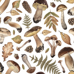 Watercolor illustrations of autumn forest nature: mushrooms, leaves and cones. Cottegecore style pattern design. Perfect for fabrics, wallpapers, home textile, stationery and other print