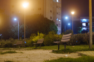 Night city, park, bench, houses