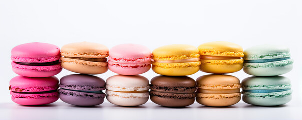 Macarons cakes on white background. Colorful delicious french macarones wide banner