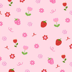 Flowers, strawberry on pastel pink background for spring, summer wallpaper, fabric, floral print, fruit pattern, nature, garden, backdrop, garment, picnic blanket, duvet, textile, vegan, apron