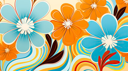 Obraz premium Colorful 70s Retro Style poster art with flowers, and psychedelic wavy shapes, colors in orange, pale blue, yellow and greens. Background texture or wall art.