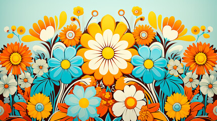 Colorful 70s Retro Style poster art with flowers, and psychedelic wavy shapes, colors in orange, pale blue, yellow and greens. Background texture or wall art. - obrazy, fototapety, plakaty