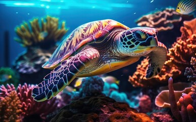 Fototapeta na wymiar Turtle with group of colorful fish and sea animals with colorful coral underwater in ocean.