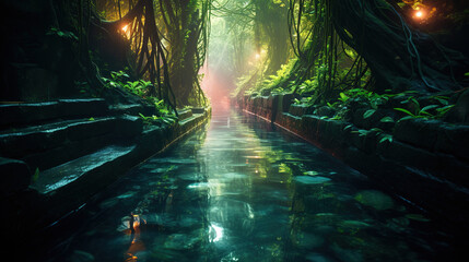 River running through a lush green forest.Generative Ai