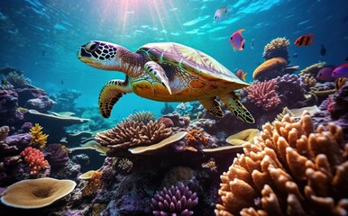 Obraz premium Turtle with group of colorful fish and sea animals with colorful coral underwater in ocean.