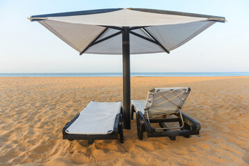 Sunbeds, Beach loungers, Relaxation, Beachside, Umbrellas,