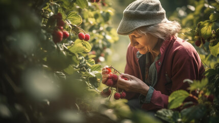 Woman picking ripe raspberries from bush outdoors, closeup.