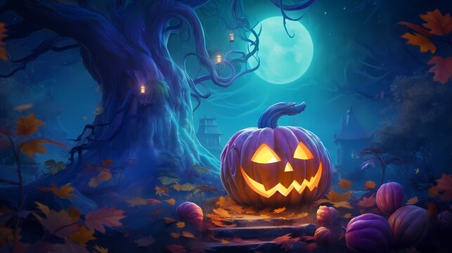 Happy Halloween background with pumpkins and castle haunted, Halloween background with Evil Pumpkin. Spooky scary dark Night forrest. Holiday event halloween banner background concept