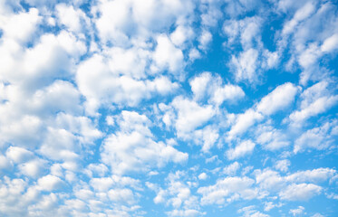 Fototapeta premium Clear blue sky with white porous clouds. Natural background. Selective focus.
