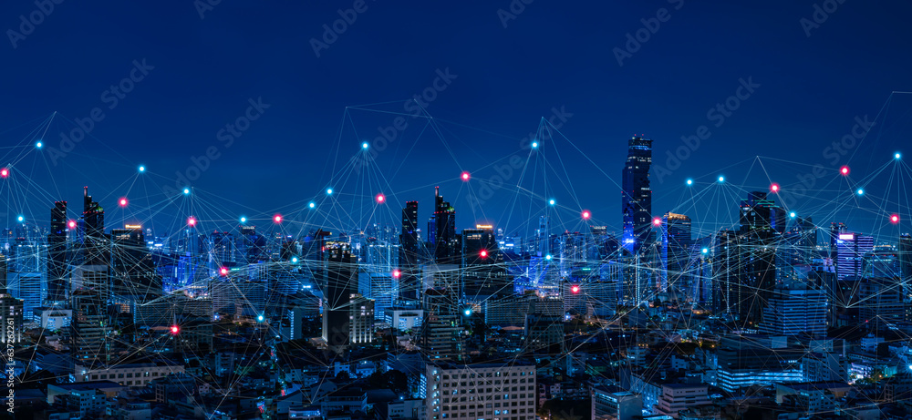 Poster modern city with wireless network connection and city scape concept.wireless network and connection 