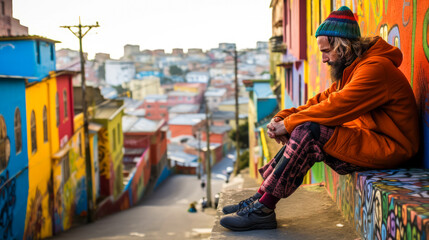 Captivating Valparaíso streetscape showcasing a poetic local in sunset-colored poncho against vibrant orange, mural-filled house. Embodying city's bohemian art spirit.