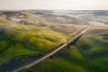 Aerial view of Tuscany rural landscape in Crete Senesi, Tuscany, Italy
