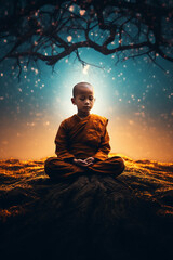 Child monk sitting on a tree roots under big tree while meditating