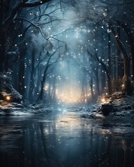 Mystical winter forest scene with snow-covered trees, magical, fairy tale, soft moonlight, snowy landscape, dreamy photograph, enchanting mood, creative photo manipulation technique