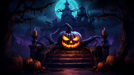 Happy Halloween background with pumpkins and castle haunted, Halloween background with Evil Pumpkin. Spooky scary dark Night forrest. Holiday event halloween banner background concept