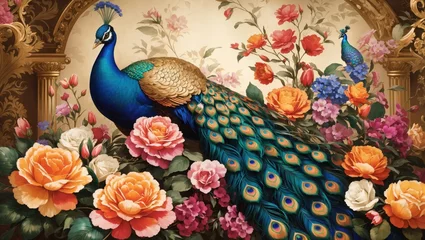 Foto op Canvas "Regal Elegance: Craft an Image of a Majestic Peacock Amid Exotic Flowers in Vintage Style" © Famahobi