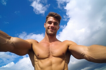 Fitness man taking a fun selfie against the sky