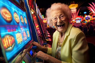 portrait of elderly woman gambler playing slot machine in casino. Slot Machines in Las Vegas. Grandma addicted to fruit machines excited