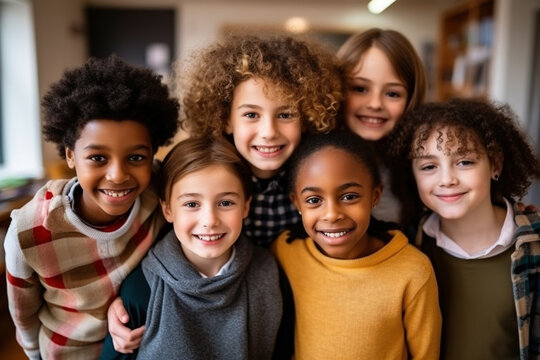 Happy diverse junior school students children group looking at camera standing in classroom. Smiling multiethnic cool kids boys and girls friends posing for group portrait together