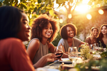 Woman enjoying with friends at outdoor dinner party