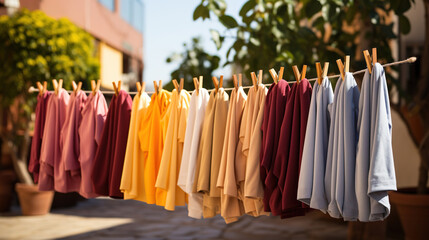 After being washed, children's colorful clothing dries on a clothesline in the yard outside in the sunlight