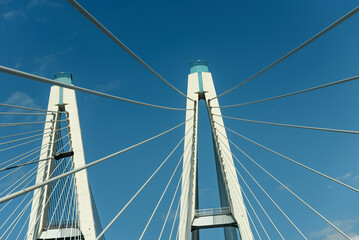 Cable-stayed bridge pylons against the blue sky