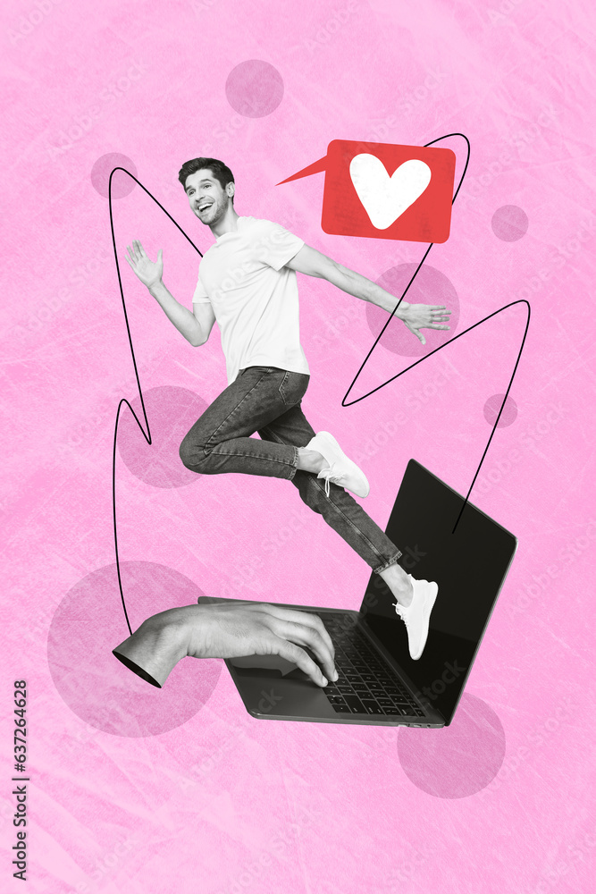 Poster creative picture of running famous young man browsing laptop advertisement display website heart mat