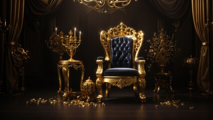 "Regal Throne: Create an image of a luxurious gold royal chair set against a dark background, symbolizing a place fit for a king."