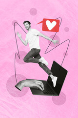 Creative picture of running famous young man browsing laptop advertisement display website heart matches isolated on pink background