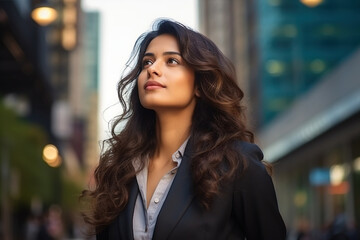 Confident rich eastern indian business woman executive standing in modern big city looking and dreaming of future business success