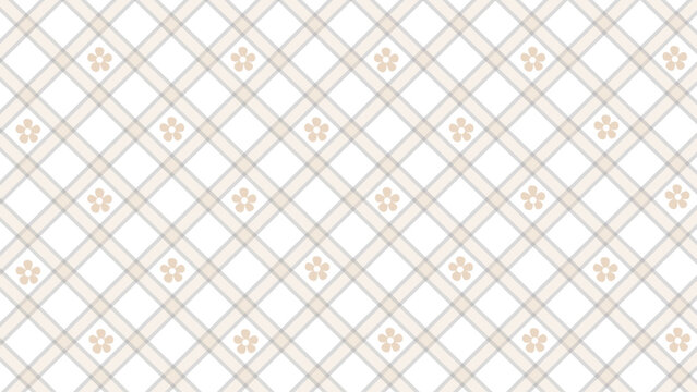 Diagonal beige checked pattern and flowers on the white background