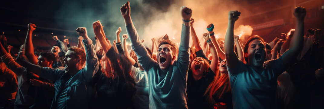 Crowd Of Sports Fans Cheering During A Match In A Stadium - People Excited Cheering For Their Favorite Sports Team To Win The Game