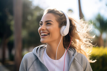 Caucasian sports woman listening to music on headphones outdoors