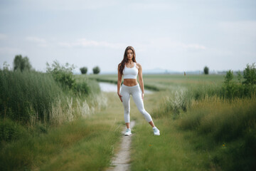 Fit woman practicing the standing cow face yoga pose outdoors