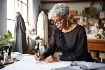 Middle aged stylish black American woman fashion designer drawing sketches in studio. Mature old adult elegant grey-haired lady dressmaker small business owner creating new fashion design  - Powered by Adobe
