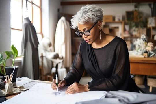 Middle aged stylish black American woman fashion designer drawing sketches in studio. Mature old adult elegant grey-haired lady dressmaker small business owner creating new fashion design 