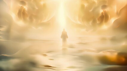 A mysterious figure marches steadily forward churning the very atmosphere around them into a mesmerizing vortex of misty white fog and dazzling golden light.