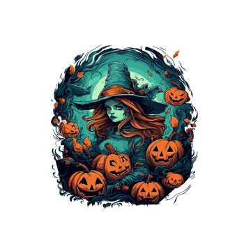 Dark orange and light cyan design, a colorful witch with pumpkins, in the manner of extremely detailed graphics.
