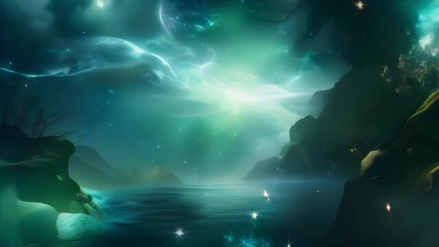Mysterious glowing particles float in the air creating a spellbinding atmosphere of beautiful enchantment.