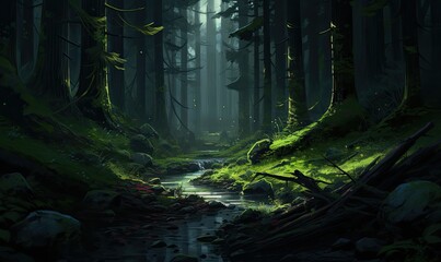 Photo of a serene forest with a babbling stream running through the lush greenery