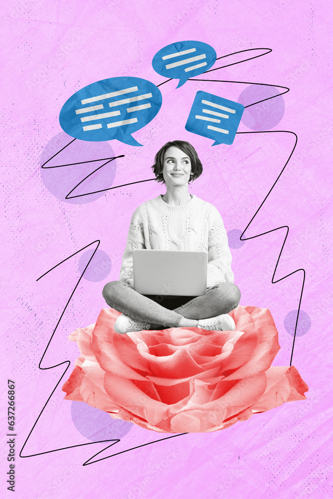 Canvas Prints Vertical design collage artwork of young thoughtful woman sitting pink rose flower copywriter laptop discussion isolated on pink background