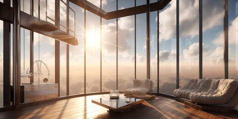 Interior of an opulent penthouse suite in a very tall building surrounded above the clouds by sunlight breaking through - Powered by Adobe