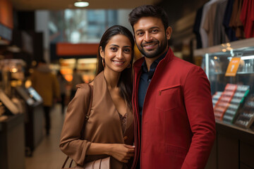 Indian young couple shopping in branded readymade cloth store - obrazy, fototapety, plakaty
