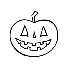 Halloween pumpkin Jack-O-Lantern with cute smiling carved face isolated on white. Black line drawing sketch in doodle style. Vector picture, illustration of traditional decoration, holiday design.