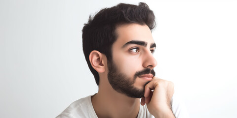 A handsome young male model with dark hair, beard and moustache stares off with his hand resting on his face, plain studio environment