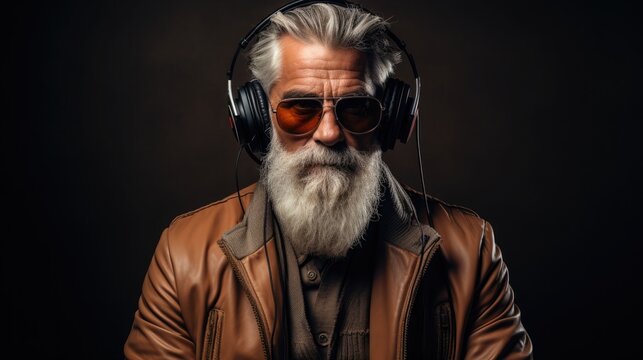 A senior brutal man with a gray beard in headphones listening to music.