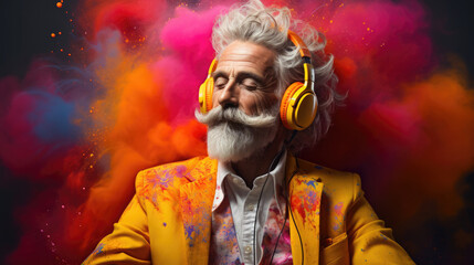 A senior hipster man with a gray beard in headphones listening to music.
